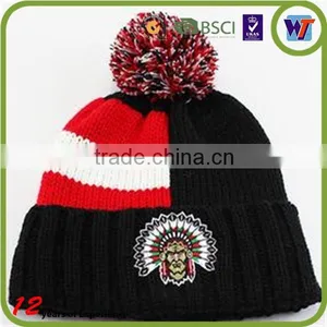 Black and Red Wooly Knit Cool Beanies Pom Beanie Mens Hats With Ball on Top thumbnail-1