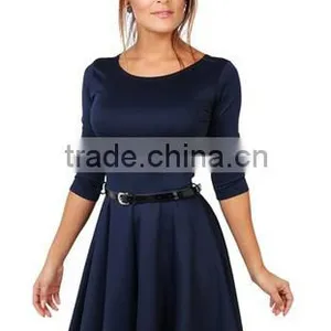 Womens 3/4 Sleeve Belted Flare Skater Dress Pleated Slimming Mini Tunic thumbnail-1