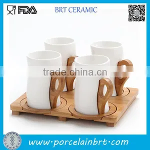 Ceramic Coffee Mug With Bamboo Handle Set of 4 thumbnail-1