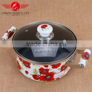 Enamel Decal Full Flower Casserole Cooking Pot Stew Pot Turkey Pot With Glass Lid thumbnail-1
