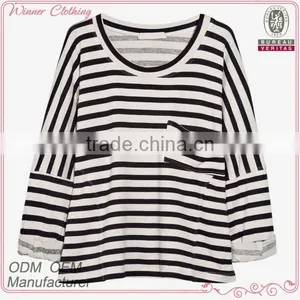 Shenzhen Winner Clothing Fashion Knitting3/4 Sleeve Black White Stipe T-shirt Manufacturer thumbnail-1