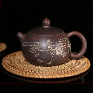 Chinese Nixing Lotus Flower Carving Xishi Pottery Tea Pot Pure Handmade Tea Ware thumbnail-1