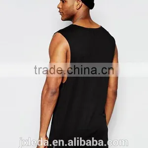 Men Summer 100% Cotton Jersey Longline Sleeveless Plain Black T-shirt Tank Tops OEM Custom thumbnail-2