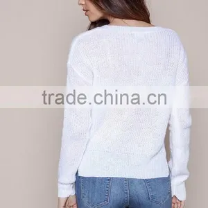 MGOO New Arrival Women V Neck Sweaters Split Long Sleeves Knitted Fast Fashion Tops Plain White Sweaters thumbnail-5