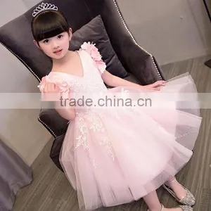 New Baby Frock Design 2017 Sleeveless Pink and Gray Embroidery Flower V Collar Vietnam Party Dresses Chiffion Wedding Dresses thumbnail-3