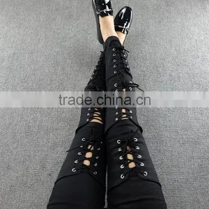 M1192 Runwaylover Hollow Cross Bandage Tight Pants Autumn Demin Pants thumbnail-6