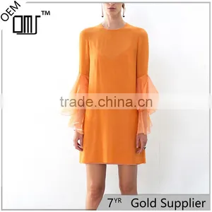 Flare Sleeve Fashionable Shift Dress for Women 2017 Orange Short Dresses thumbnail-1