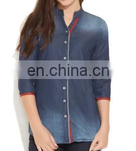 ONSALE NEW FASHION EUROPEAN STYLE COLLAR NECK SHIRT TRENDY HOT WOMENS' DENIM SHIRT BLOUSE TUNIC DRESS SUMMER TOPS FOR LADIES thumbnail-1