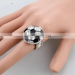 Wholesale Fashion Jewelry Silver Plating Soccer Rings,adjustable White Rhinestone Black Enamel Soccer Rings thumbnail-1