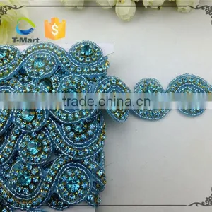 Blue Crystal Rhinestone Bridal Ribbon Belt Sash Applique Trim thumbnail-3