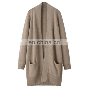 Women's 100% Cashmere Long Casual Knitwear Plus Size Cardigan Fashionable Solid Pattern Winter Sweater With Front Logo thumbnail-1