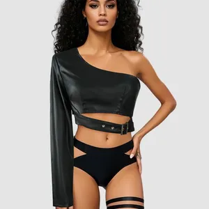 European and American New Style Black Collarless Single Shoulder PU Leather Jacket thumbnail-2