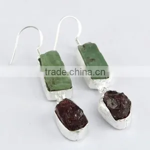 Paradise !! Rough Prehnite & Garnet 925 Sterling Silver Earring, 925 Stamped Silver Jewelry, Buy Silver Jewelry thumbnail-1
