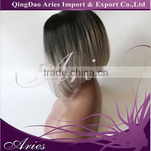 SHORT BOB STRAIGHT LACE FRONT WIG SYNTHETIC HAIR BLACK AND GRAY COLOR thumbnail-1