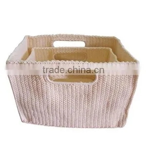 Set of 2 White Woven Polypropylene Crochet Storage Basket Made in Vietnam thumbnail-1