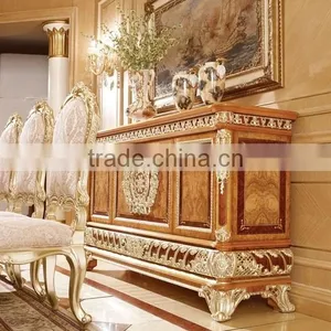 Luxury Gold Painted Decorative Side Cabinet, Dining Room Wooden Sideboard, Antique Carved Wooden Buffet thumbnail-2