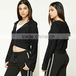 New Products 2017 Black Jacket Women Zip-Up Bell-Sleeve 92 Polyester 8 Spandex Fabric Cropped Zips Hoodie thumbnail-1