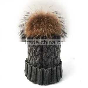 Myfur Removable Raccoon Fur Pom Pom Fashion Adult Wool Knit Hat thumbnail-1