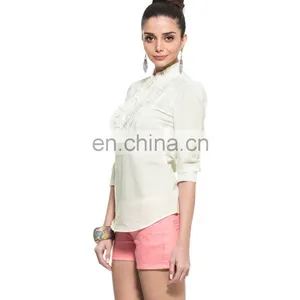 White Three-fourth Sleeves Ruffled Top Fahion Design Frilly Three-fourth Sleeves Pleated Layered Lady Blouse With Lace Trim thumbnail-1