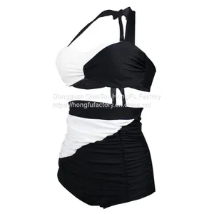 Women's Hanging Shoulders Backless Swimsuit Large Size High Waist Block Color Beachwear Swimwear Sexy Bikini thumbnail-1