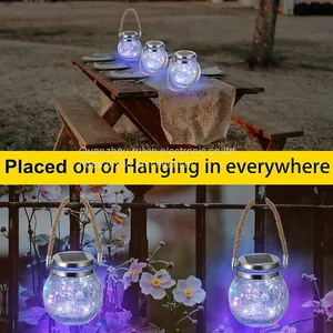 Waterproof Patio Wedding Hanging Mason Jar Lights, Warm Crack Glass Bottle Solar Jar Light thumbnail-3