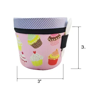 Custom Print Waterproof Iced Cream Pint Glass Neoprene Insulator Ice Cream Holder With Elastic Loop Spoon Holder thumbnail-4