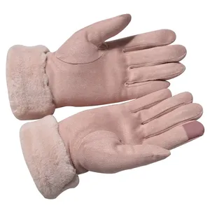 Women Winter Gloves Suede Sherpa Lined Furry Cuff Snug Fit Windproof Urban Commute Winter Gloves thumbnail-3