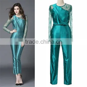 Autumn Round Neck Embroidered Mesh Patched Long Sleeve High Empire Pleated Women Jumpsuit thumbnail-1