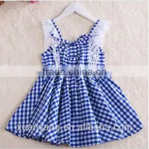 New Arrival Children Clothes Lace Trim Bule Plaid Kids Clothing Wholesale 100%cotton Baby Nice Dress thumbnail-2