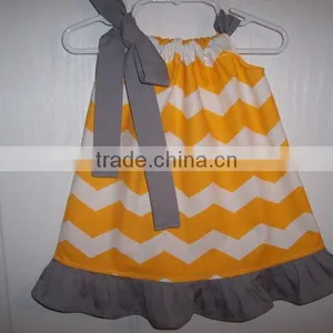 Children's Yellow Chevron and Polka Dot Hem Girls Pillowcase Dresses With Ribbon Childrens Boutique Clothing thumbnail-2
