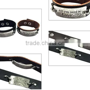 Brown/black Color Adjustable Bracelets,inspirational Words Metal Charm Cuff Bracelets,wide Leather Bracelet thumbnail-5