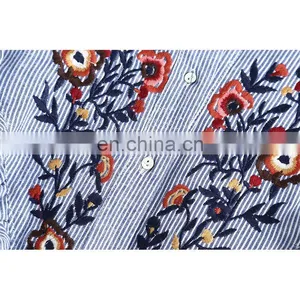 China Supplier Long Sleeve Stand Collar Striped Embroidery Shirts Women Tops and Blouses thumbnail-4