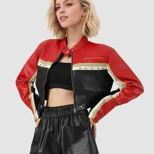 2025 Internet Red Block Spliced PU Leather Waist-exposed Cool Women's Leather Jacket Customization thumbnail-1