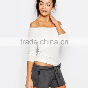 Latest Design Fashion Women t Shirt Long Sleeve off Shoulder Blank T-shirt thumbnail-3