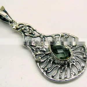 Green Amethyst Pear Oxidised Facet Pendant, 925 Solid Sterling Silver Pendants, Designer Bezel Casting Jaali Pendant thumbnail-1