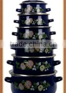 High Quality Black Colorful Decal Enamel Cookware Set Pot 6 Pcs Stock Belly Pot With Double Handle thumbnail-1