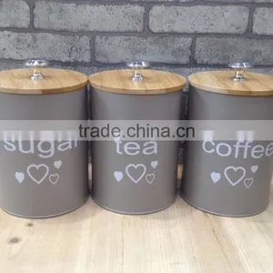 New Customized Pattern Kitchen Metal Caddy Tea Sugar Coffee Canister Jar With Bamboo Lid thumbnail-2