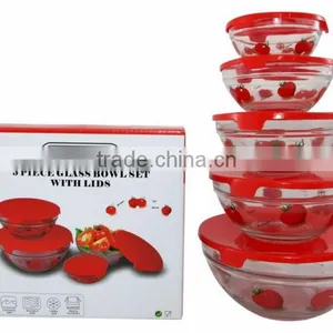 Glass Bowl Set With Red Lids thumbnail-1