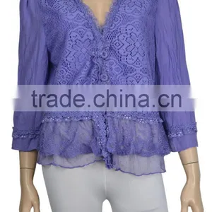 Trimming Lace Buttoned Shirt Green / Light Green Linen Blend Lace Front Closure Jacket thumbnail-4