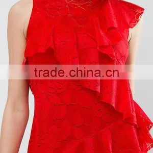 China Women Clothing Manufacturer Red Sexy Lace Ruffle Mini Dress thumbnail-5