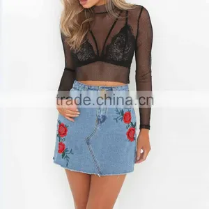 B33760A Autumn New Arrival Floral Embroidery Hot Women Denim Skirt thumbnail-1