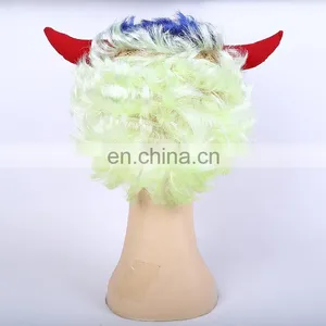 White and Blue Devil Fans Wig With Horns thumbnail-2