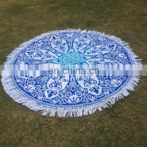 72" Indian Hippie Blue Ombre Mandala Round Roundie Tapestries Hippy Boho Gypsy Cotton Wholesale Round Beach Throw Yoga Mat thumbnail-1