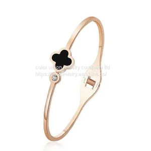 Clover Open Customized Engraved Cuff Bracelet Stainless Steel Bangle thumbnail-1