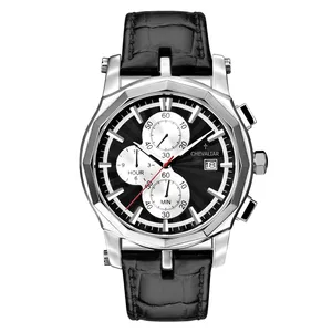 Stainless Steel Fashion Multi-function Watches Man Genuine Leather Quartz Chronograph Watch thumbnail-2
