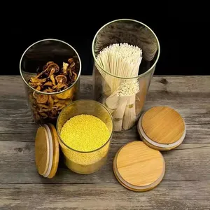 Round Airtight Coffee Tea Spice Glass Jar Kitchen Organizer Storage Bottles Sealed Glass Food Storage Jars With Bamboo Lid thumbnail-1
