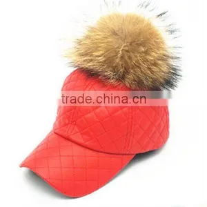 Fashion Genuine Raccoon Fur Pompom Hat New PU Leather Baseball Snapback Cap Unisex Woman Man Hat With Real Raccoon Fur Balls thumbnail-3