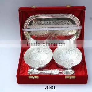 Silver Plated Brass Bowl Two Bowl With One Oval Tray and Two Spoons in a Velvet Box thumbnail-1