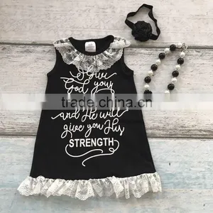 New Baby Girls Clothing Black Cotton Knee-length Straight Boutique His Strength Lace Dress Weakness With Match Accessories thumbnail-1