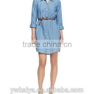 2014 Latest Design Women's Casual Denim Cotton 7-sleeve Slim Shirt Dress Long Shirtdress thumbnail-1